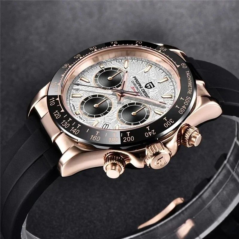 PAGANI DESIGN PD-1664 Classic Men Sport Chronograph Watch Meteorite Dial 100M Waterproof Silicone Strap Date Wristwatch