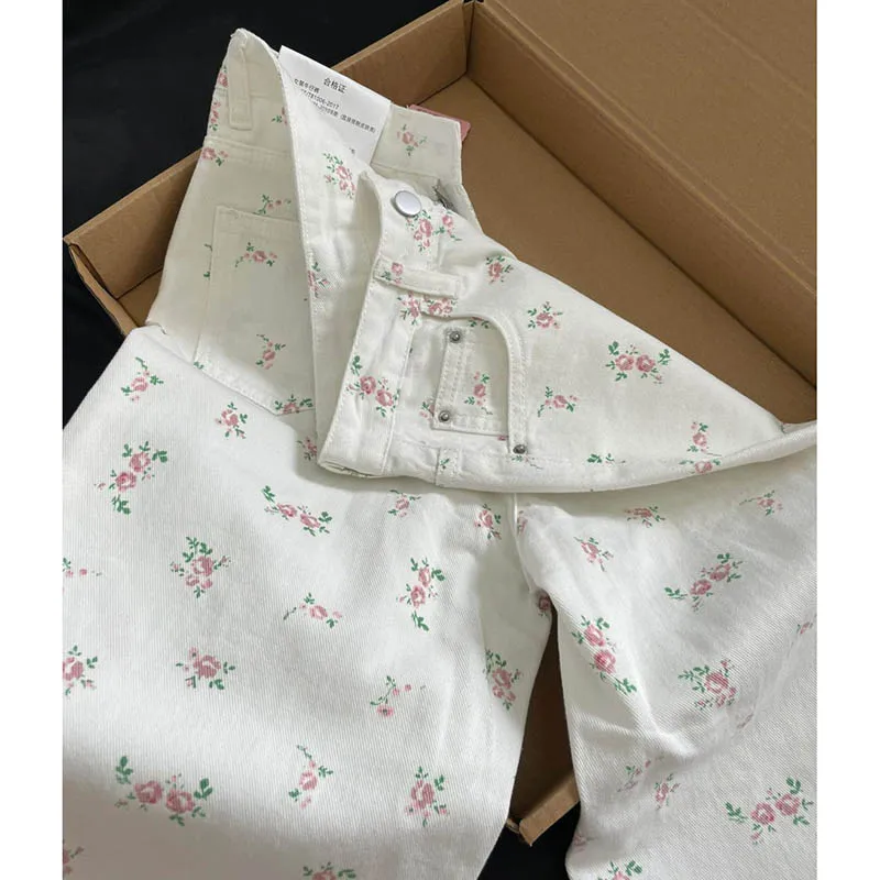 Pantalones vaqueros rectos con flores rotas para mujer, pantalones finos sueltos de cintura alta, pantalones de pierna ancha informales, pantalones vaqueros de cintura alta para primavera y verano
