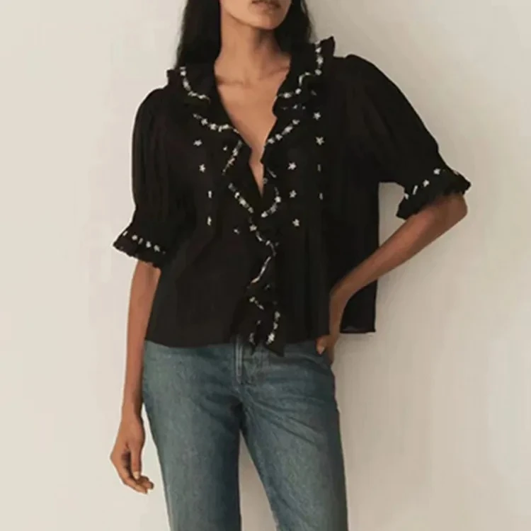 

Black Floral Embroidery Women's V-neck Blouse Ruffled Prairie Chic Flared Sleeve 2025 Spring Summer