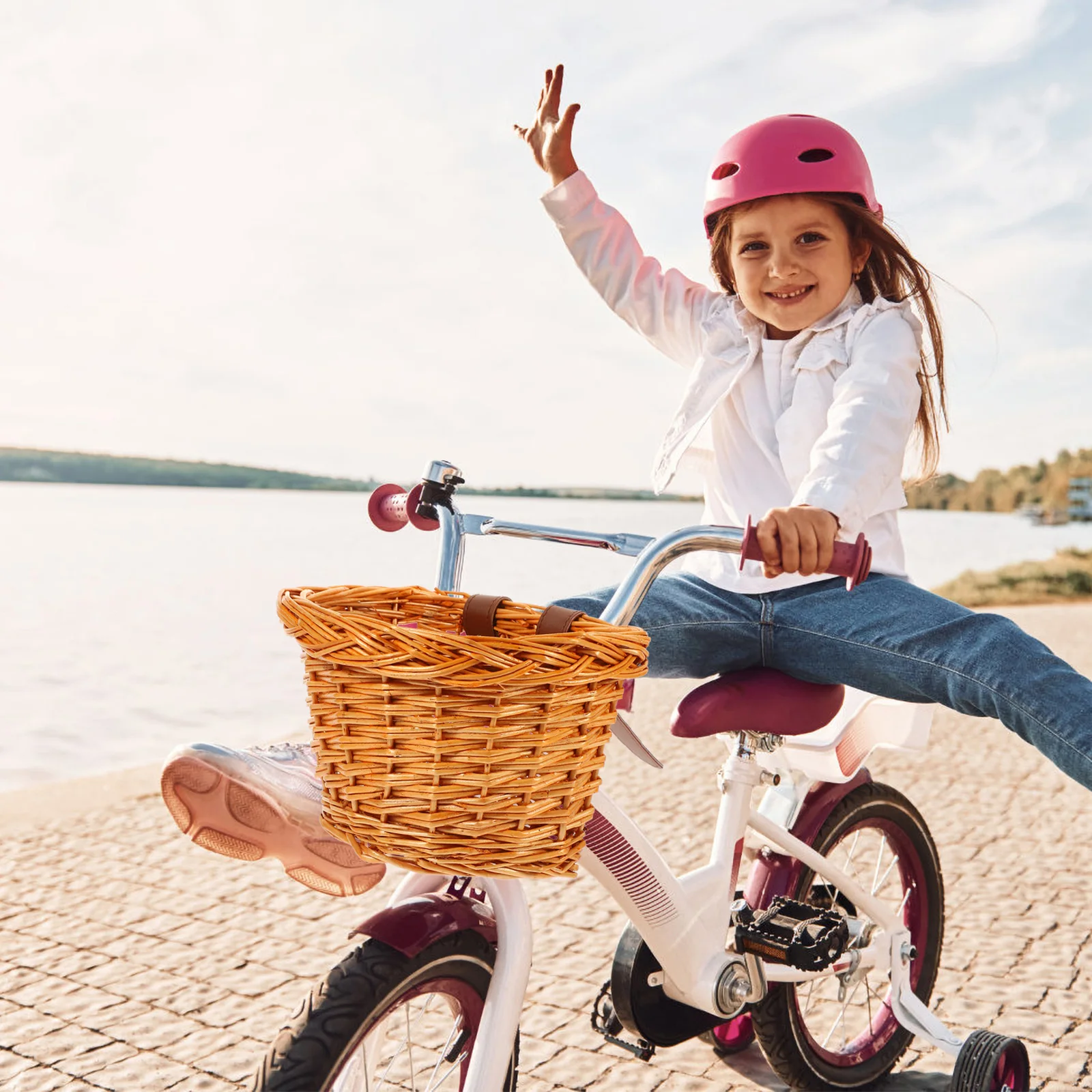 

Natural Willow Wicker Bike Basket Detachable Front Handlebar Storage Container Durable Smooth Touch Belt Color Random