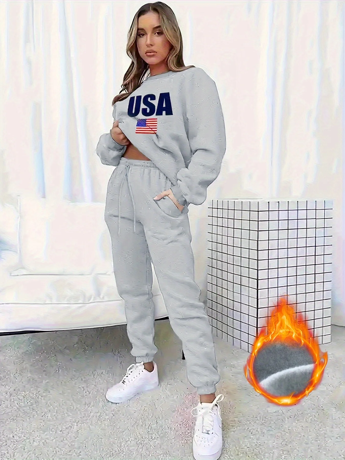 Plus Size Women Fleece Lined 2 Piece Tracksuit USA American Flag Graphic Crew Neck Sweatshirt Elastic Drawstring Jogger Pants Cu
