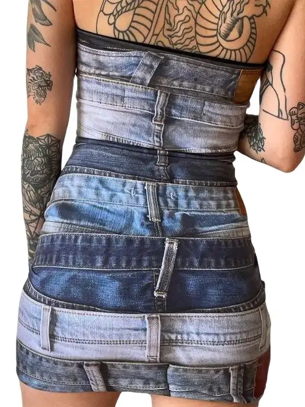 Mulheres Euro-Americanas Denim Jeans Estampado Mini Vestido de Tubo, Roupas Vintage Sexy, Costas Finas, Roupas da Moda Clube