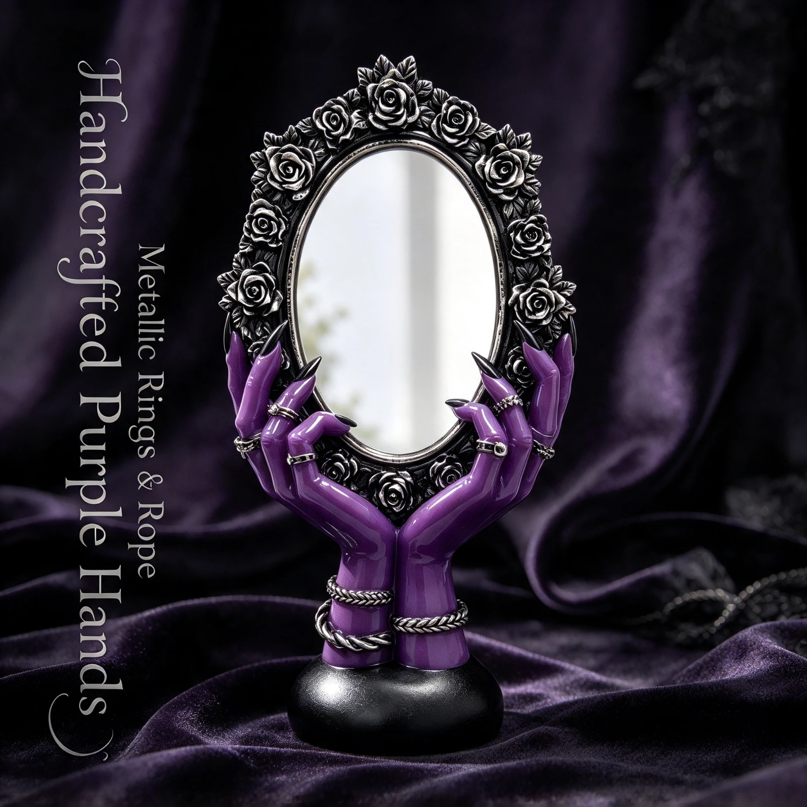 Purple Gothic Hand Mirror Halloween, Decoration Resin Skull Rose Frame, Vanity Tabletop Ornament Horror Home, Party Prop Gift De