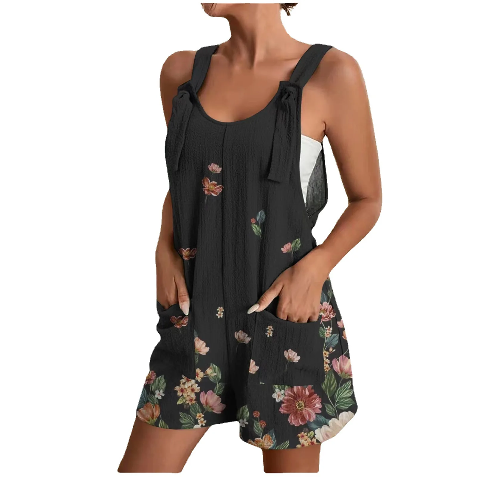 Zomer Rompertjes Voor Dames Zomer Wijde Pijpen Jumpsuits Stropdas Knoop Band Shorts Romper Comfortabele Casual Overall Met Zakken Playsuits Nieuw