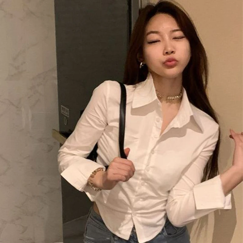 Rimocy 2024 Sexy Slim Fit White Shirt Women Korean Fashion Turn Down Collar Folds Crop Tops Woman Long Sleeve Y2K Blouse Female