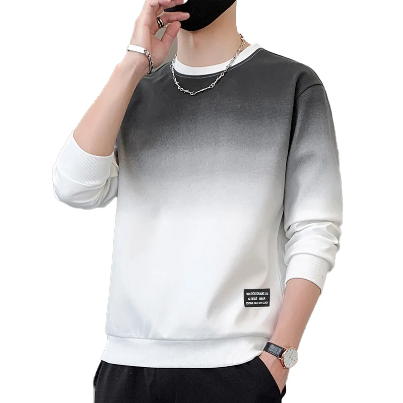 Men's hoodie, spring and autumn leisure youth handsome long-sleeved T-shirt, matching color crew-neck base shirt 2024