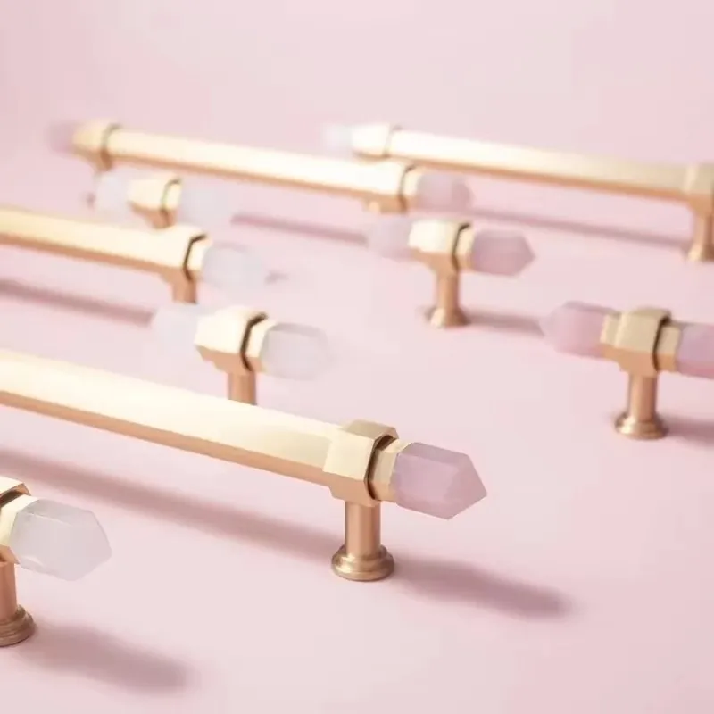 Solid Brass Knob T Bar Handle Drawer Pulls Natural Crystal Hexagonal Kitchen Cabinet Knobs and Handles Luxury Furniture Hardware