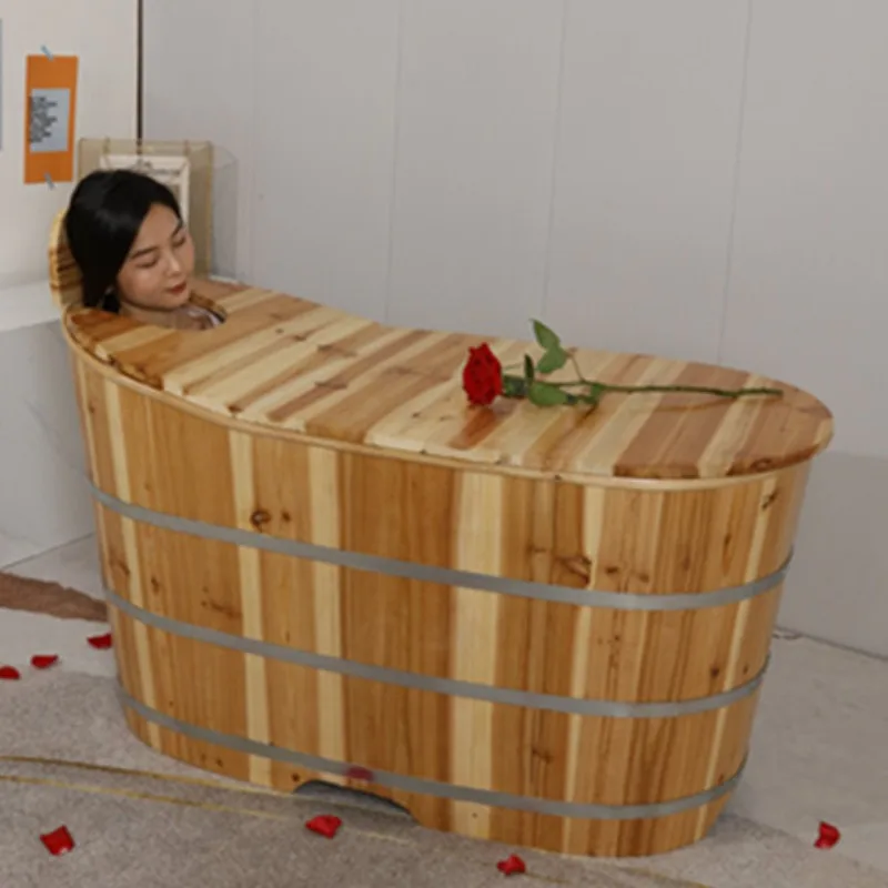 Thickened Wooden Bath Tub Portable Bathtub Adult Spa Bucket Bath Basin Sauna Wooden Barrel Full Body