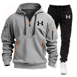 2024 new men's autumn and winter fitness jogging set multi-pocket zipper long-sleeved hoodie + sports casual pants two-piece set