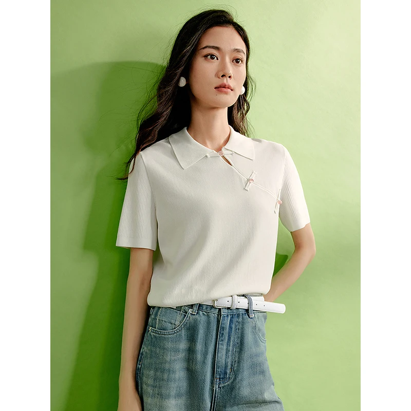 TOYOUTH Women Knitwear 2024 Summer New Chinese Style Pan Button Turn Down Collor Short Sleeve Knitted Tops