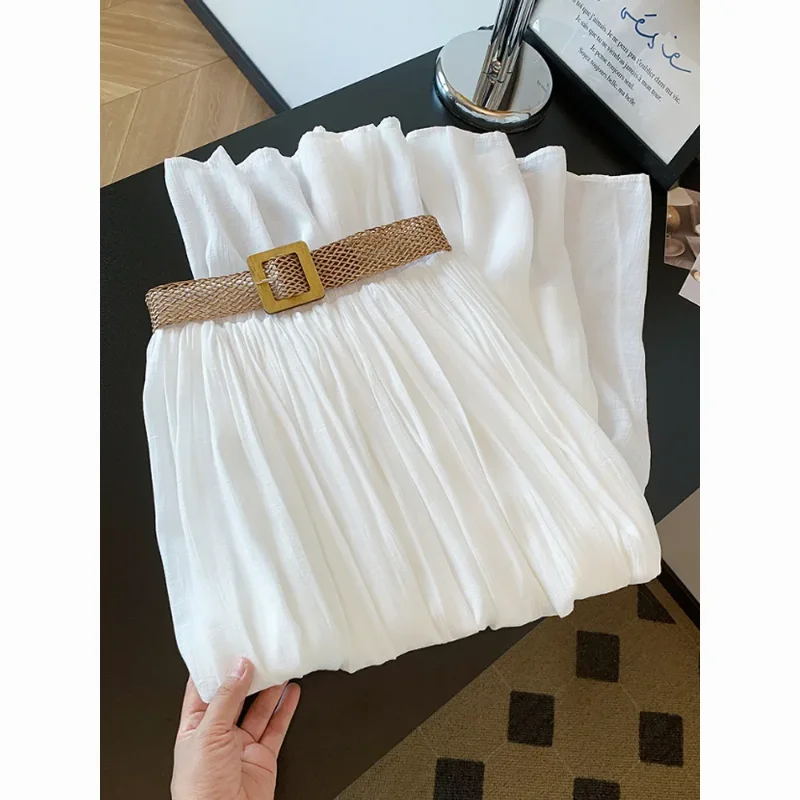 Witte ijszijde katoenen linnen rok voor dames Dunne luie ontspannen gevlochten riem Ontwerp A-lijn lange rok