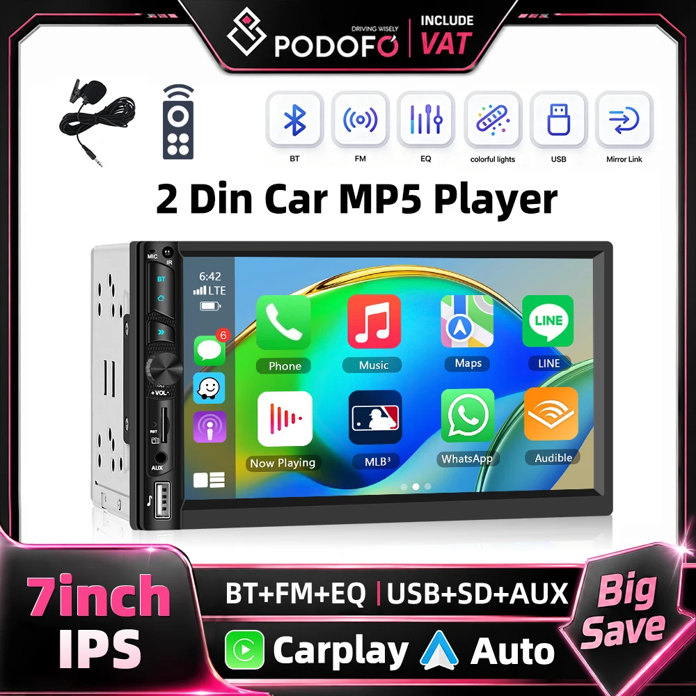 Podofo 7 Zoll Doppel-DIN Autoradio MP5 Radio Kabelloses Carplay Android Auto Mirror Link 1024*600 Touchscreen Unterstützt Rückfahrkamera Auto-Multimedia-MP5-Player BT WIFI GPS FM-Radio Farbige