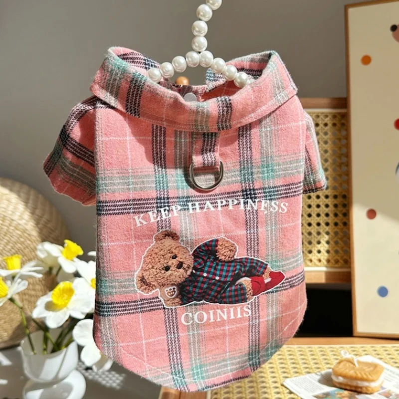 Autumn Pet Dog Clothes Classical Plaid Dog Shirt Bear Pattern Puppy Coat Cute Cat Shirt Pet Sweatshirt Chihuahua Yorkies Costume