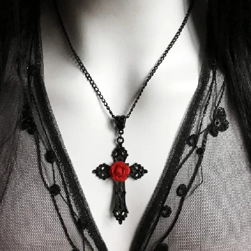 Gothic Black Cross Necklace with Red Rose Goth Jewelery Statement Charm Cross Pendant Gift Romantic Valentine Victorian Women