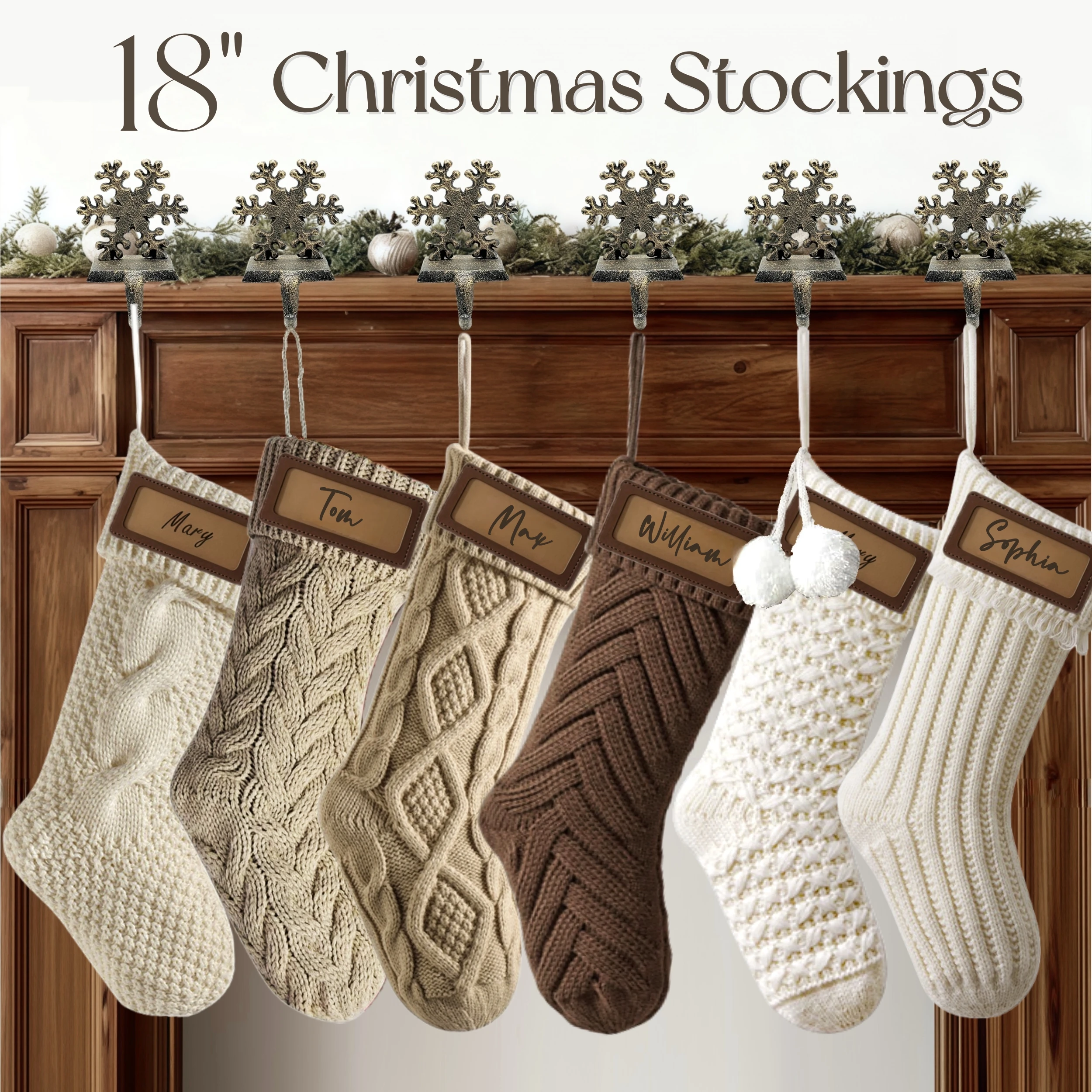 

3-8Pack 18In Christmas Stockings with Name Tags Rustic Cable Knitted Stocking Decorations for Xmas Family Holiday Party Decor