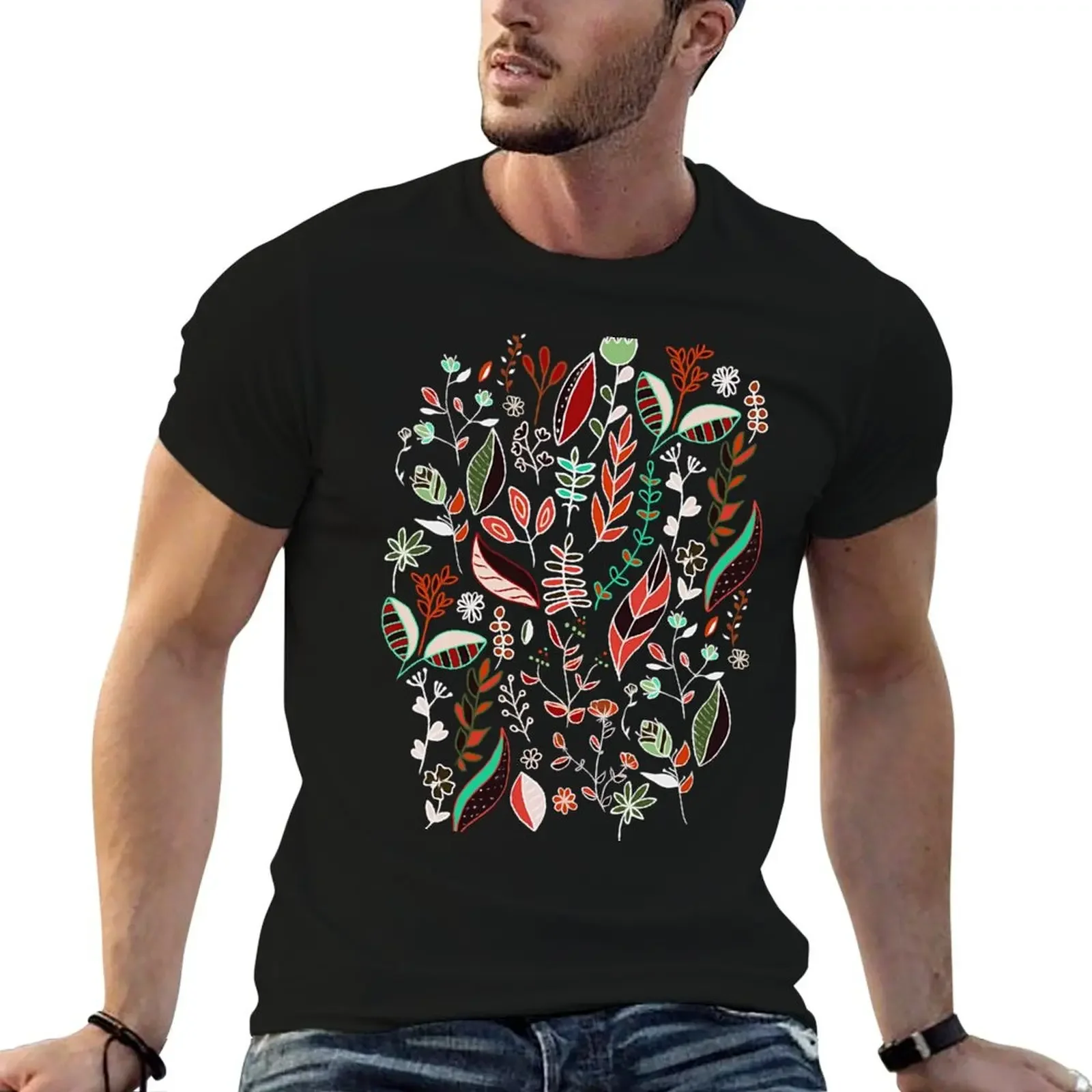 Autumn Nature Doodle On Dark Brown T-Shirt anime stuff cheap stuff mens graphic t-shirts pack