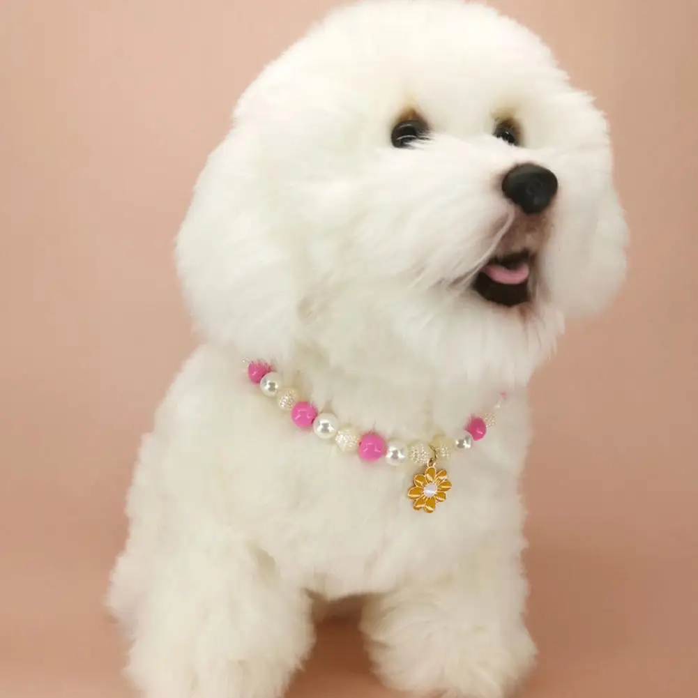 Dog Necklace Collar Colorful Beads Flower Pendant Puppy Neckchain Adjustable Buckle Non-Slip Faux Pearl Pet Jewelry Collar