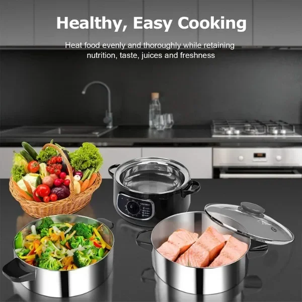 Secura 2 Stainless Steel Food Steamer 8.5 Qt Electric Glass Lid Vegetable Steamer Double Tiered Stackable Baskets with Timer