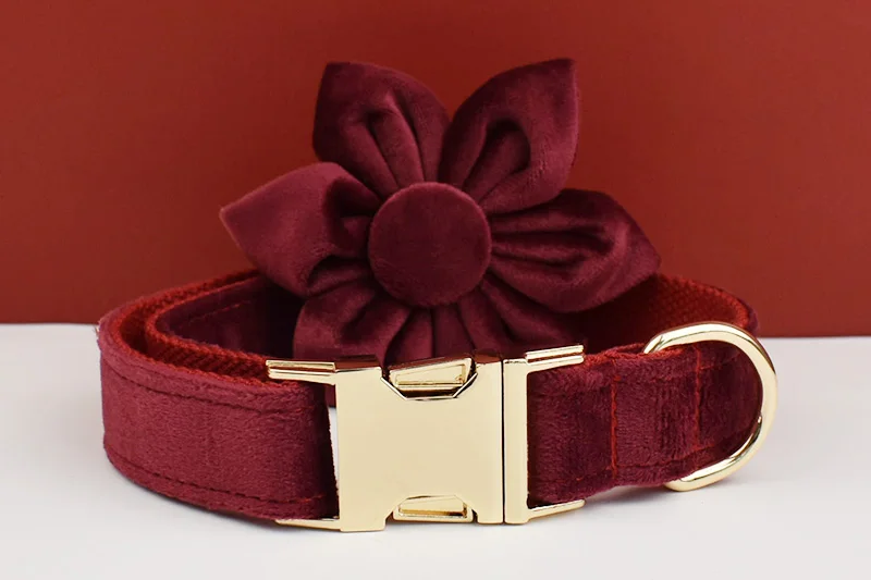 Rotes Weinrot-Samt-Hundehalsband und Leinen-Set für große Hunde, individuell graviertes Namensschild, Haustierzubehör, Hundeleine, Velvet07 – Detail 6
