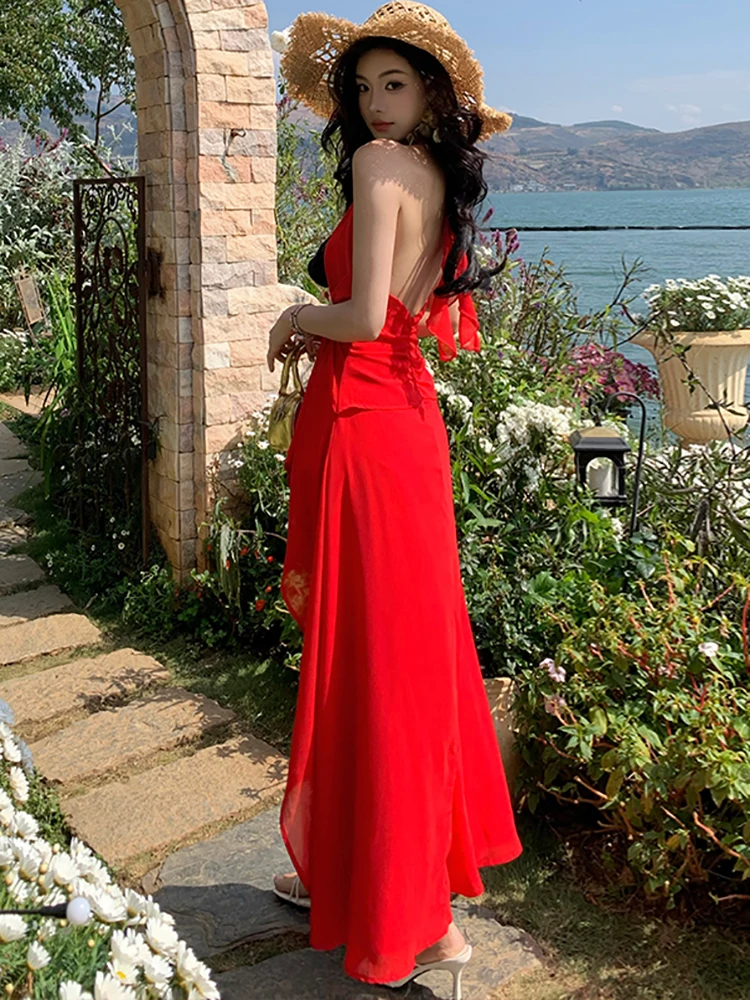 여성 레드 쉬폰 붕대 우아한 슬릿 롱 드레스 여름 패션 시크 넥 마운트 섹시 드레스 2025 한국 바디콘 럭셔리 드레스
