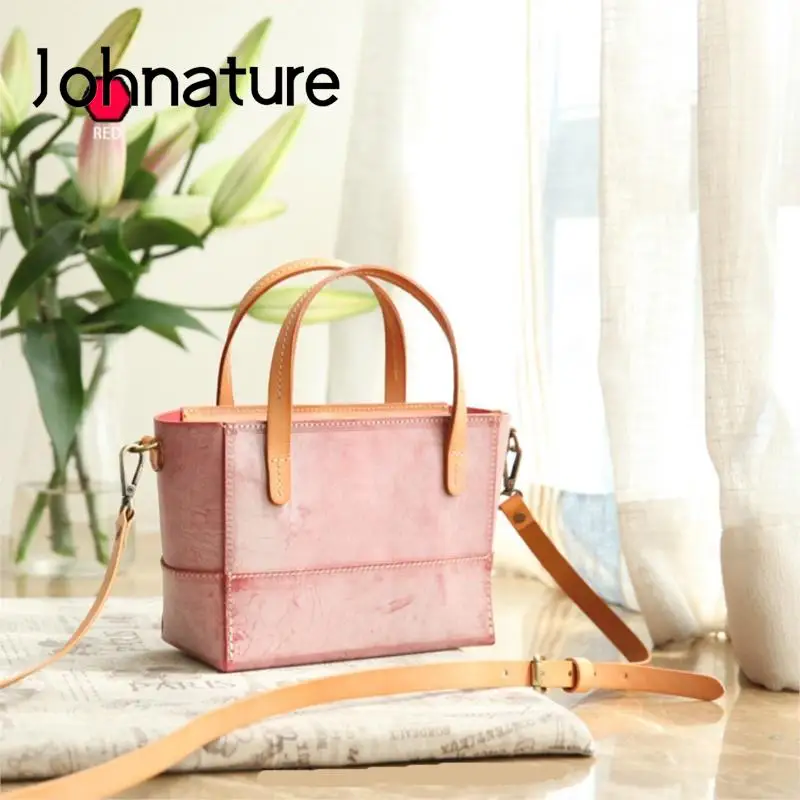 Johnature semplice borsa in pelle cerata di nebbia naturale 2024 nuova borsa fatta a mano da donna borse a tracolla in tinta unita vintage in vera