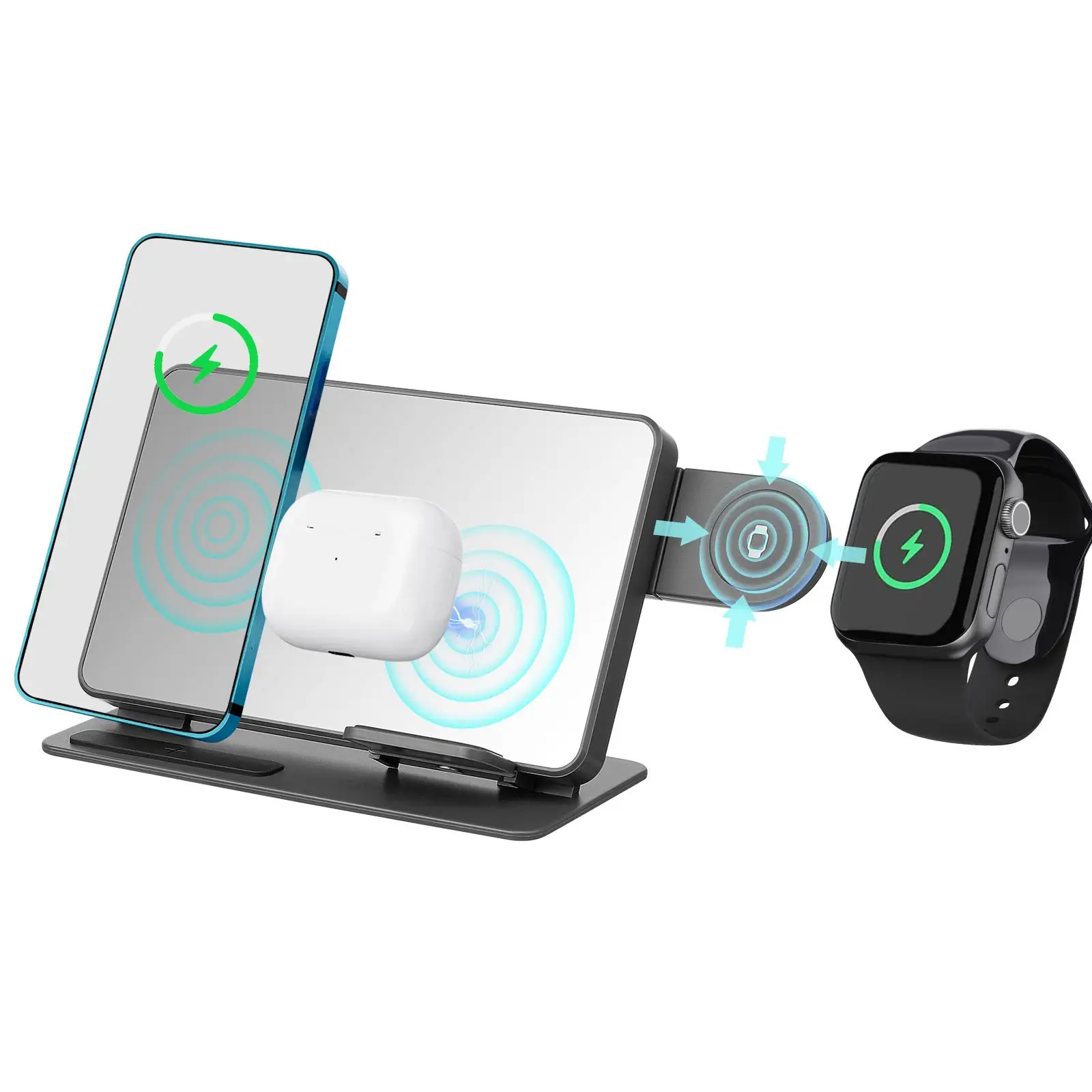 

4 in 1 St Charging Station for Phone Smartwatch Earbuds Black ABS PC Silicone LED Clock Temperature Display