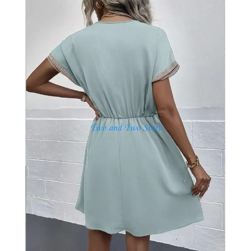 HX6F Lace Trim V Neck Short Sleeve Drawstring Waist Midi Dress Women's Summer Outfit