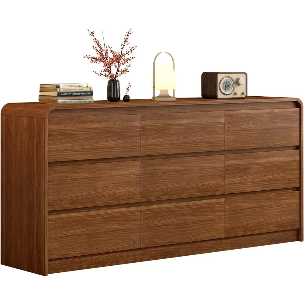 Modern 9 Drawer Dresser, 63-Inch Wood Chest of Drawers, Curved Anti-Collision Design, Mid-Century Storage Cabinet, Pre-Embedded