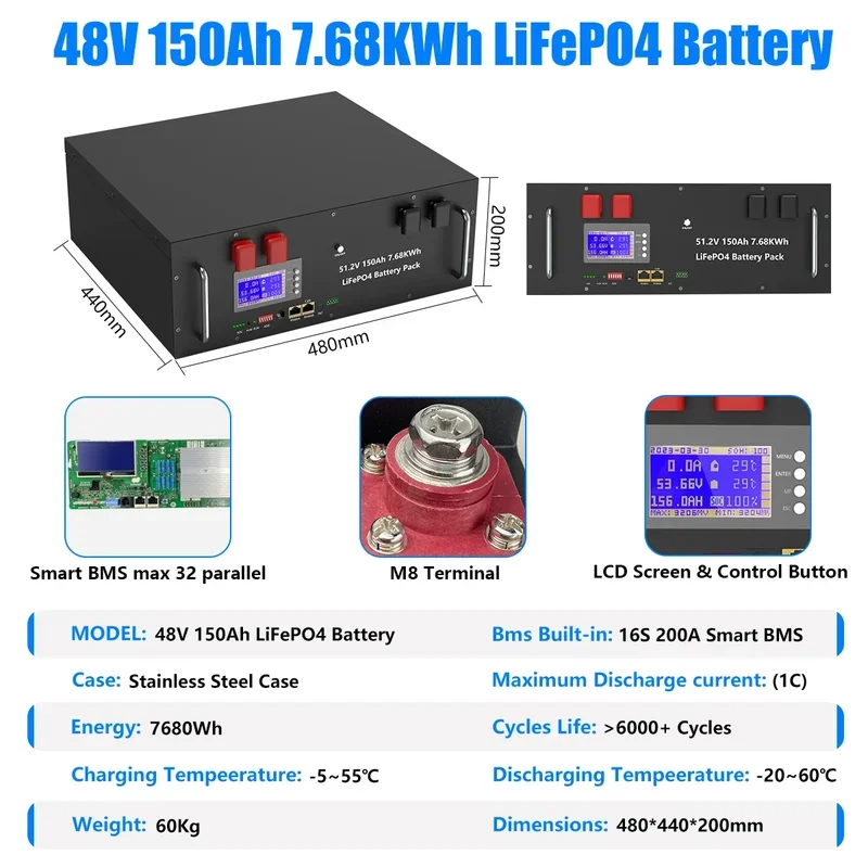 48V 100AH 150AH 200AH LiFePO4 Battery Pack 51.2V 7.6KW Lithium Battery 6000+ Cycles With 16S 100A BMS For Inverter EU Stock