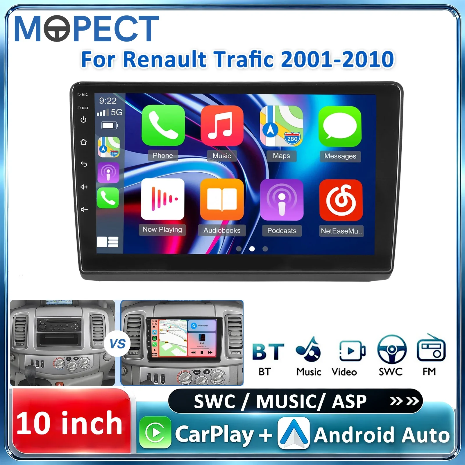 Autoradio MOPECT 10 pollici 2 DIN Android 15 Android Auto, 4+64GB GPS BT WiFi SWC, per Renault Trafic 2001-2010/Opel Vivaro/Nissan Primastar, supporta telecamera/DVR/DAB+