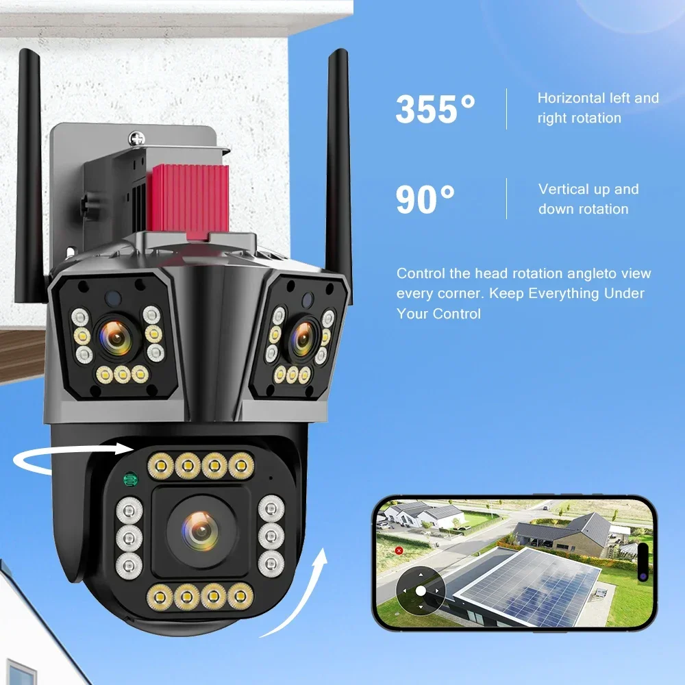 12MP HD IP Camera Outdoor Four lenses Three-Screen PTZ 4MP WiFi Camera Security Protection CCTV Color Night Vision