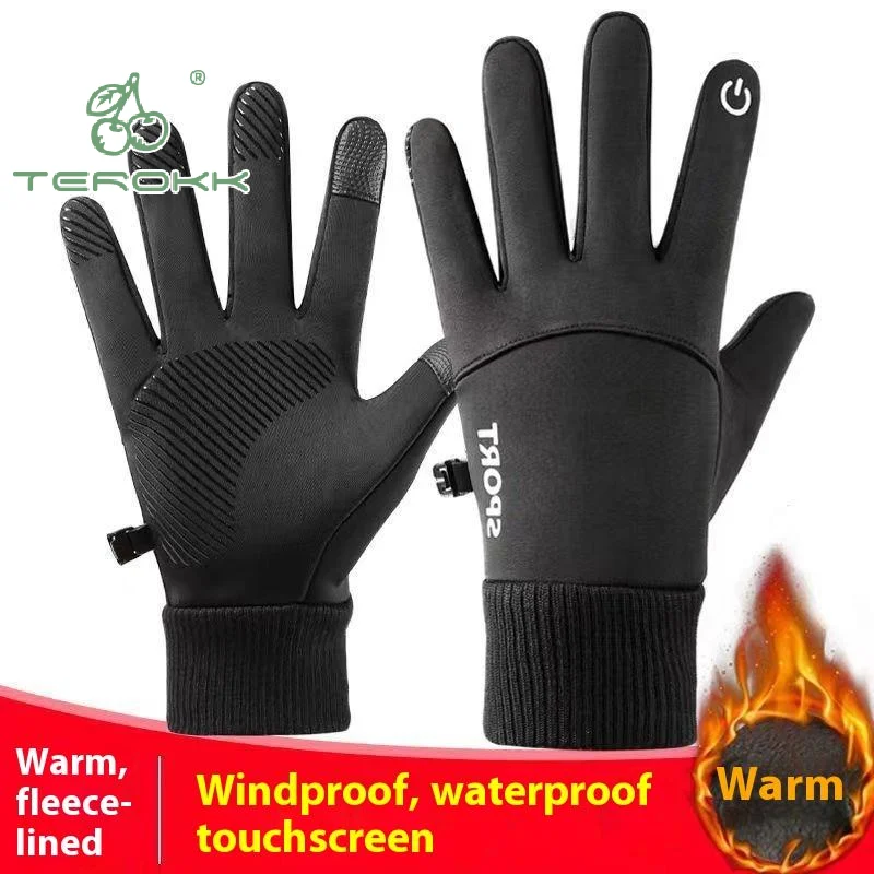 1 par de guantes de ciclismo impermeables con dedos completos cálidos de invierno para hombre, guantes de lana para deportes al aire libre, correr, motocicleta, esquí, pantalla táctil