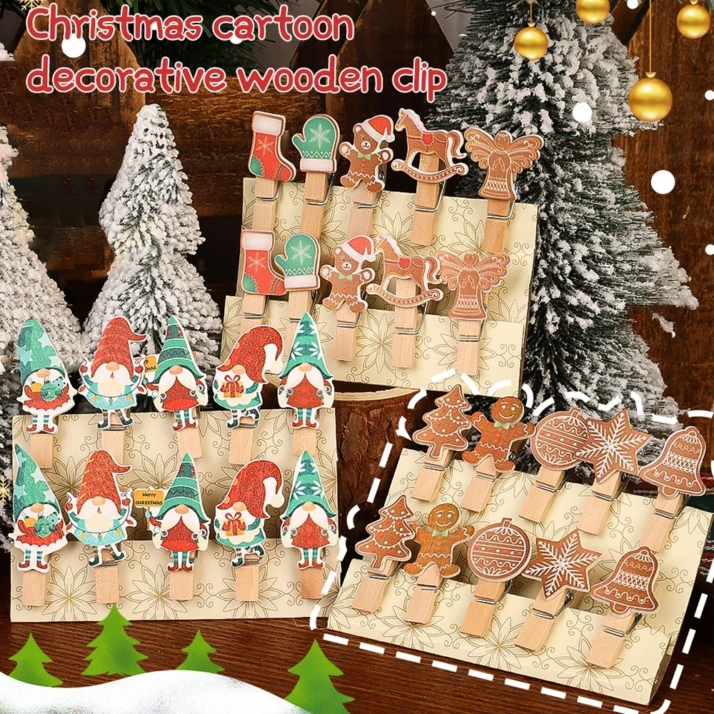 10PCS Christmas Wooden Cartoon Clip Santa Claus Snowflake Decor Clip DIY Memo Paper Art Card Clothespin Clip Party Home Decor