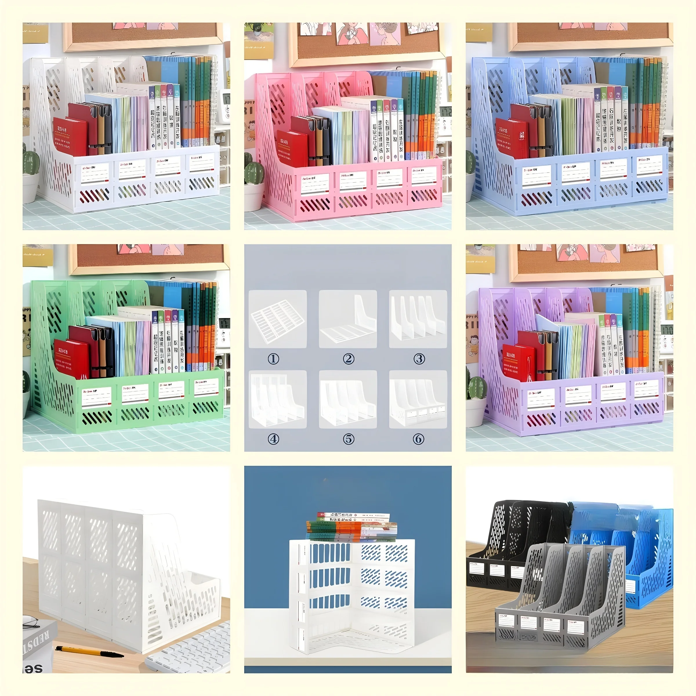 Bandeja de escritorio organizadora de archivos de PP liviana con 4 ranuras: diseño semicircular de montaje empotrado con portaetiquetas y acabado pintado