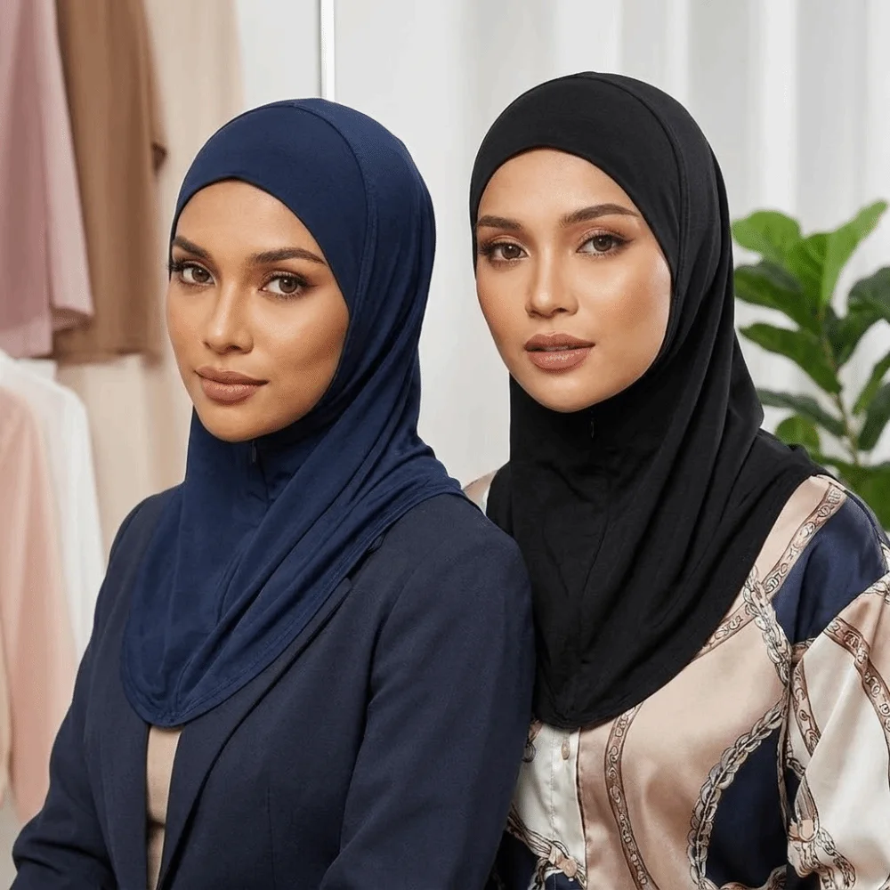 Plain Polyester Instant Cap Hijab Elastic Solid Color Inner Cap Soft Hidden Zipper Underscarf Women
