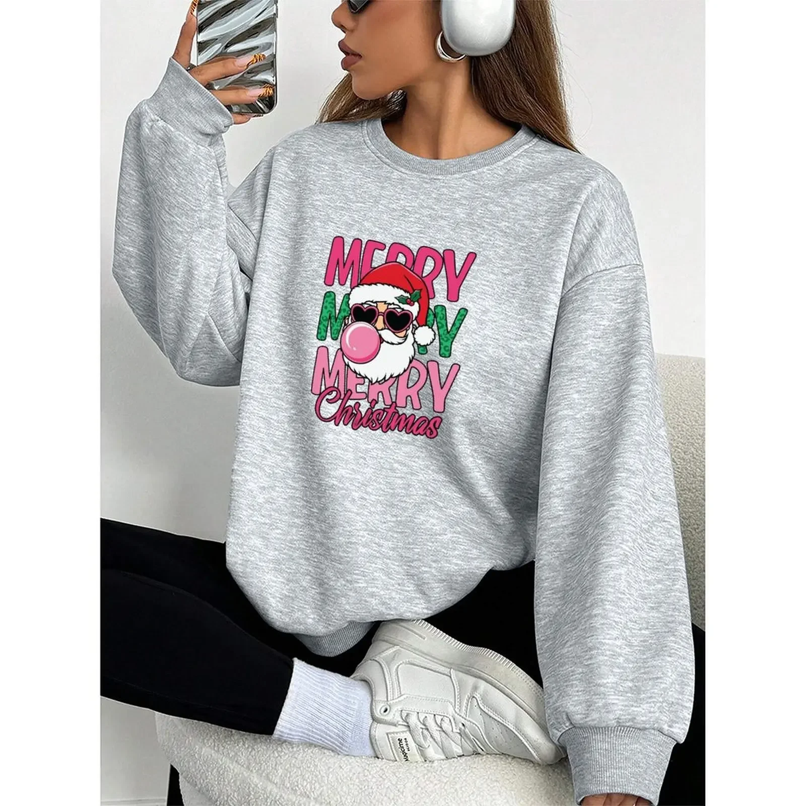 Round Neck Long Sleeve Pullovers Woman Elegant Sweatshirt Velvet Winter Casual Loose Comfortable Christmas Printed Pattern Tops