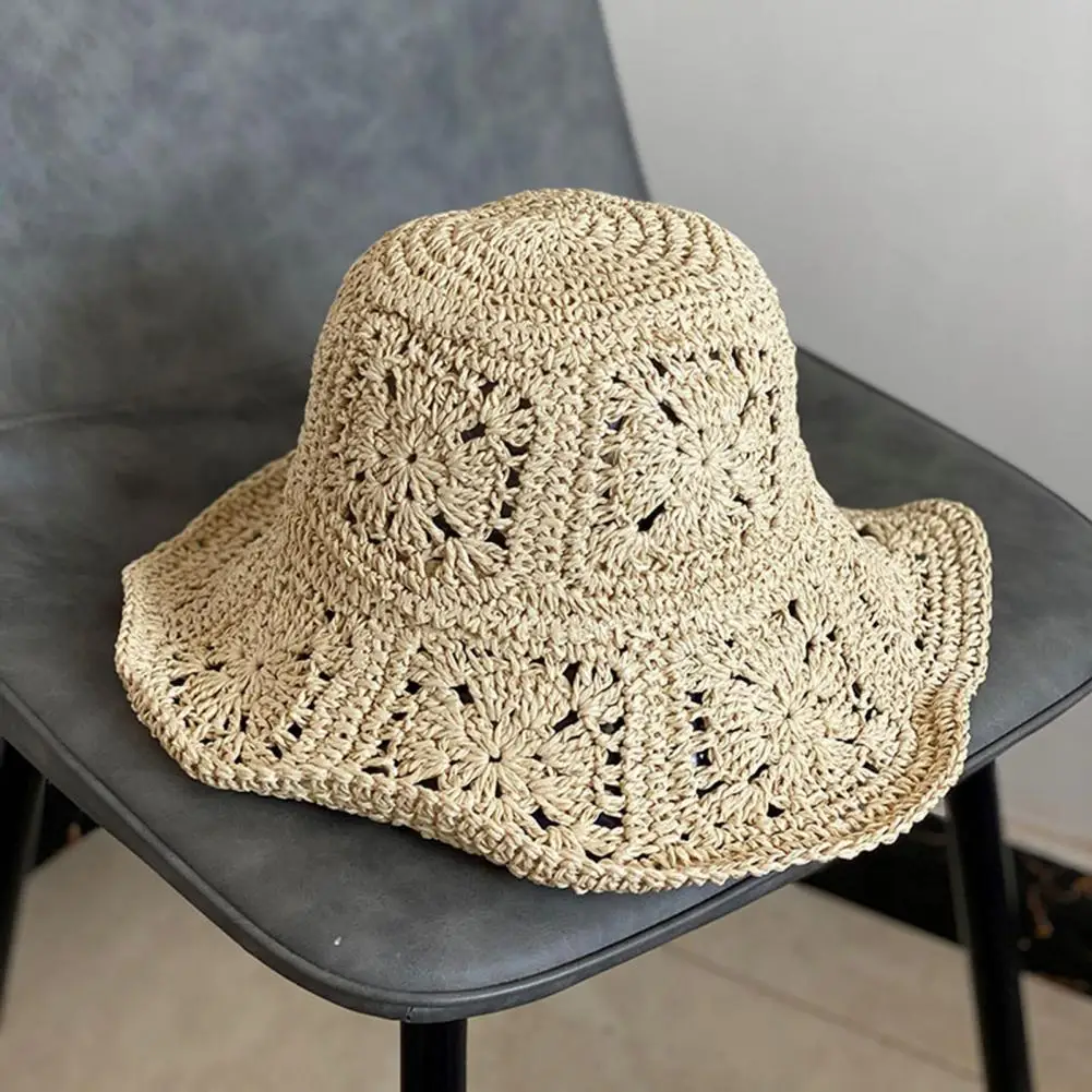 Women Summer Wide Brim Sun Hat Crochet Straw Hat Sun Straw Hat Breathable Travel Hat Beach Bucket Sun Hat