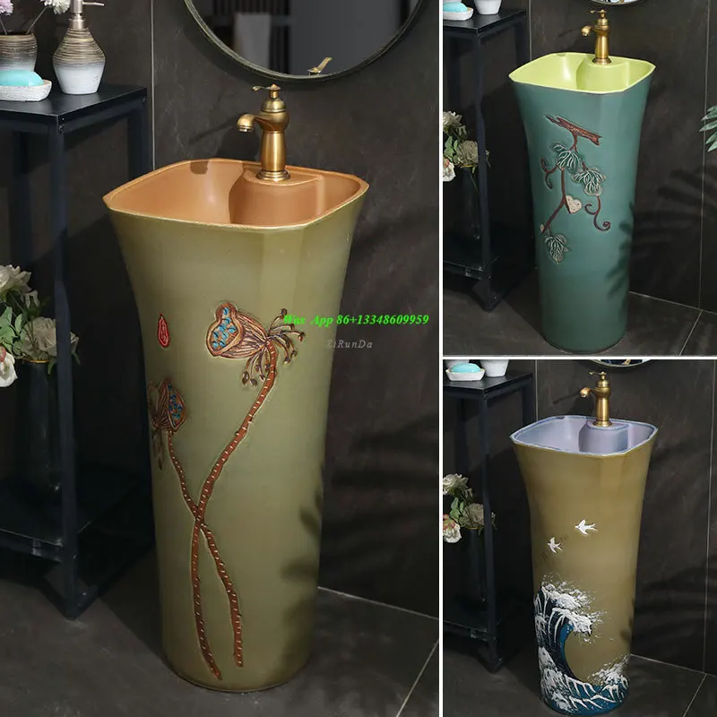 Ceramic Column Basin Integrated Floor-to-ceiling Washbasin Balcony Courtyard Small Apartment Retro Art Column Type