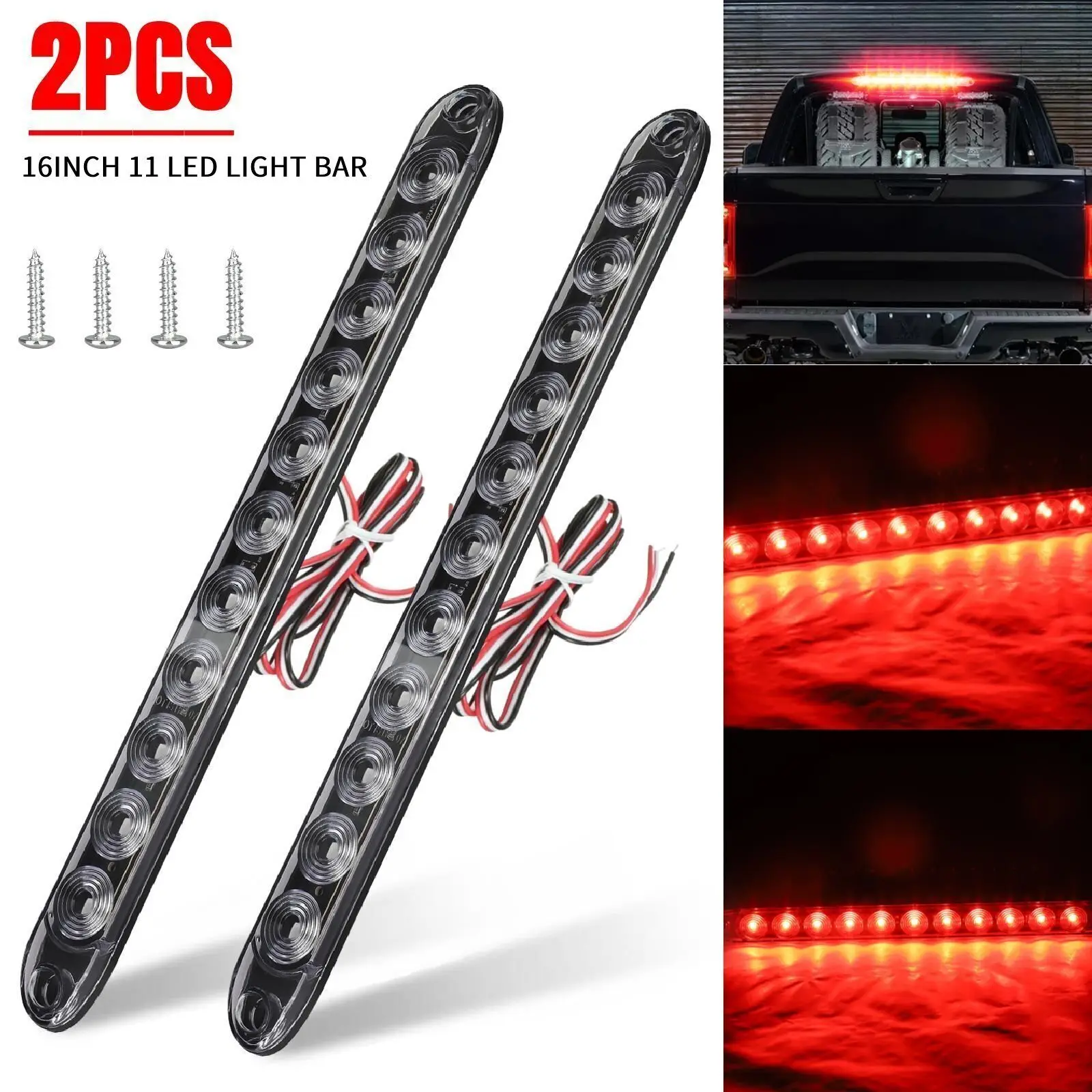 

2X 16" 11LED Red Sealed Truck Trailer Brake Stop Turn Tail Submersible Light Bar