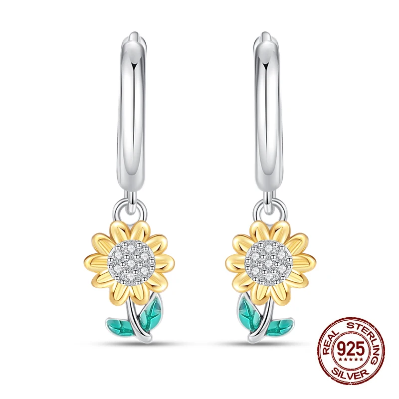 

100% стерлингового серебра 925 пробы, красочные теплые серьги-кольца с подсолнухами для женщин, модные ювелирные изделия на день рождения, подарки