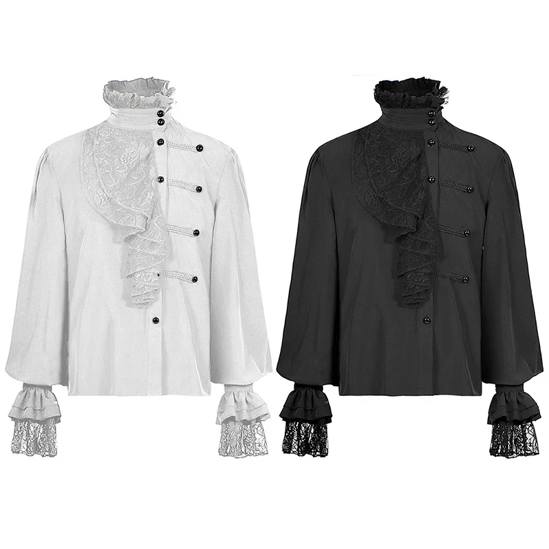 Men's Gothic White Black Shirts And Blouses Tops Retro Victorian Medieval Lace Ruffles Stand Collar Puff Sleeve Shirt Clothing