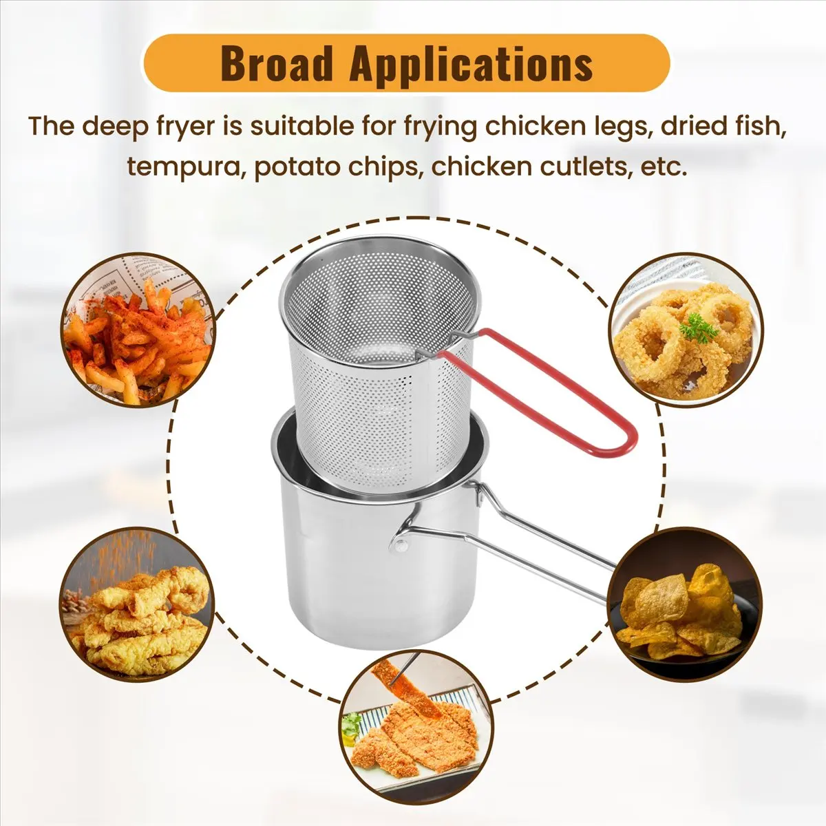 Olla para freír profunda de acero inoxidable Wilwill, freidora de tempura y papas fritas con colador, sartén para pollo frito, u