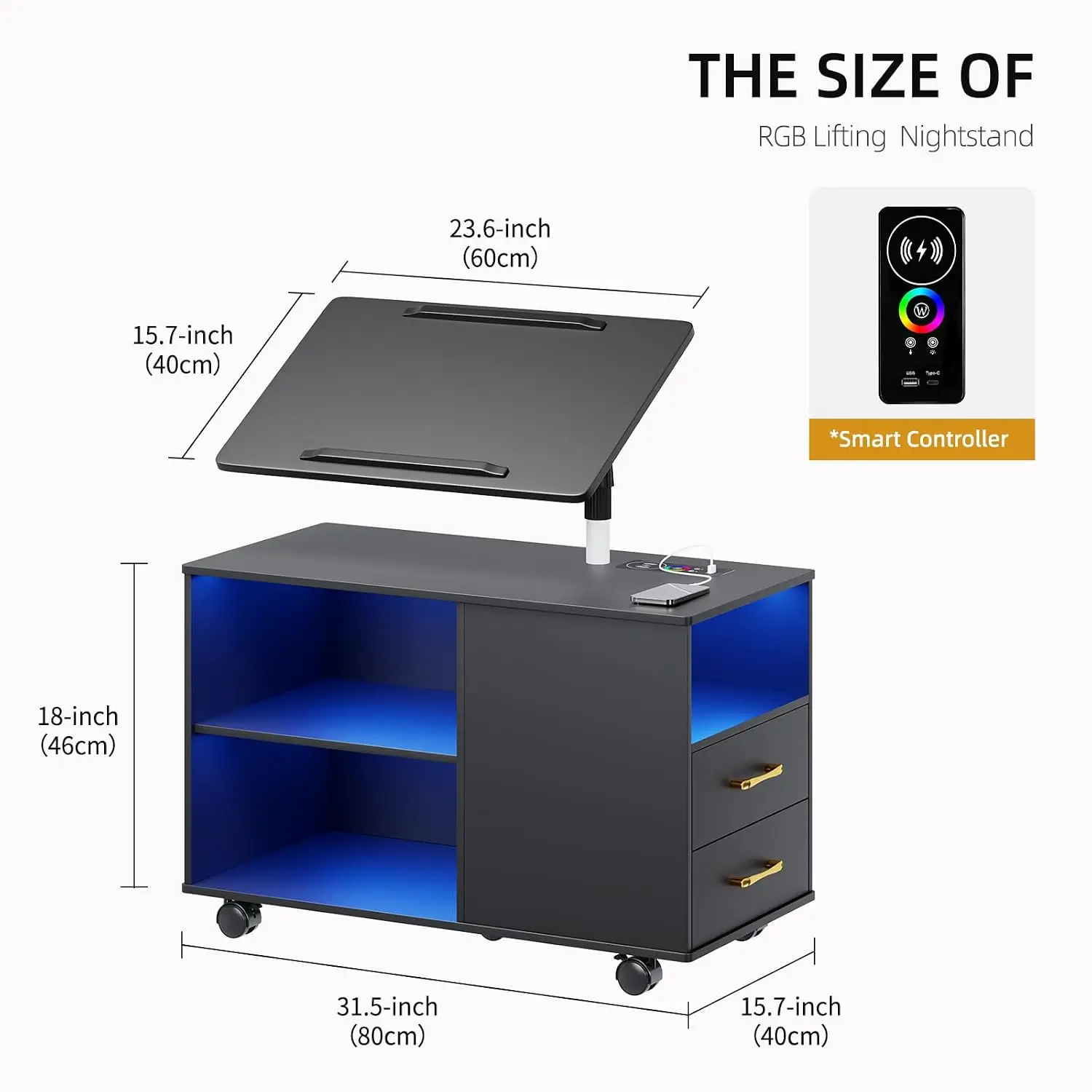 Nightstand with Adjustable Rotary Table,Charging Station(Black), Customized