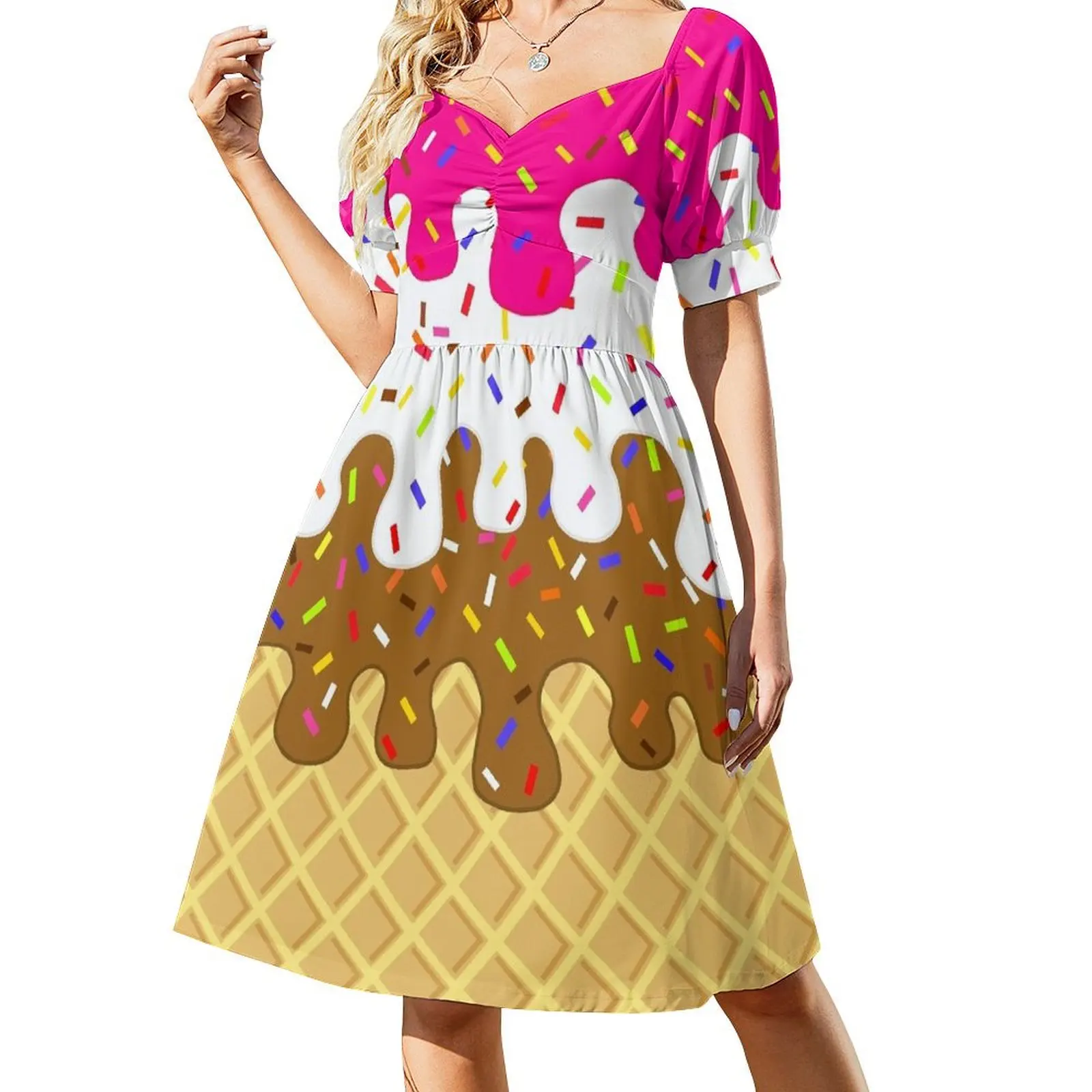 

Waffle Cone Neopolitan Ice Cream With Sprinkles- Short-Sleeved Dress Long dress Women's skirt women's evening dresses
