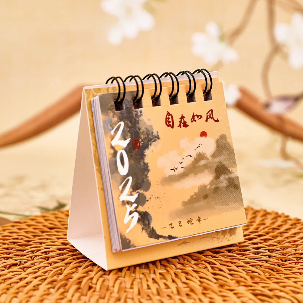 4 Pcs 2025 Desk Calendar Chinese Stand up Mini Desktop Retro Decor Coil Twin-wire Binding Small Pocket