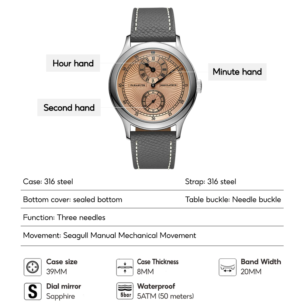 FARASUTE マニュアル機械式メンズ腕時計カモメムーブメント Sappnt サファイアクリスタルビジネス防水レギュレーター男性腕時計リロイ