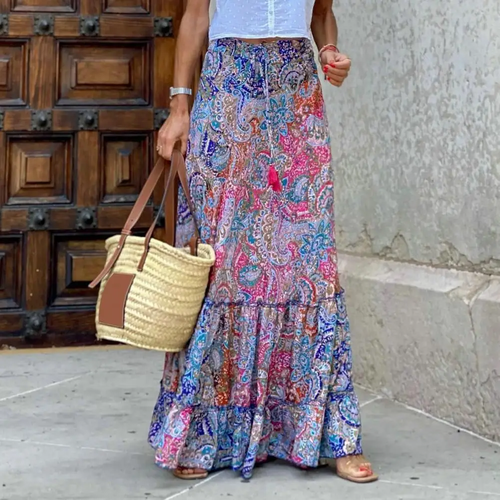 

Boho Tie Up Tassels Print Women Skirts Summer 2023 Elegant Long Length High Waist Casual Ruffles A-line Beach Skirts