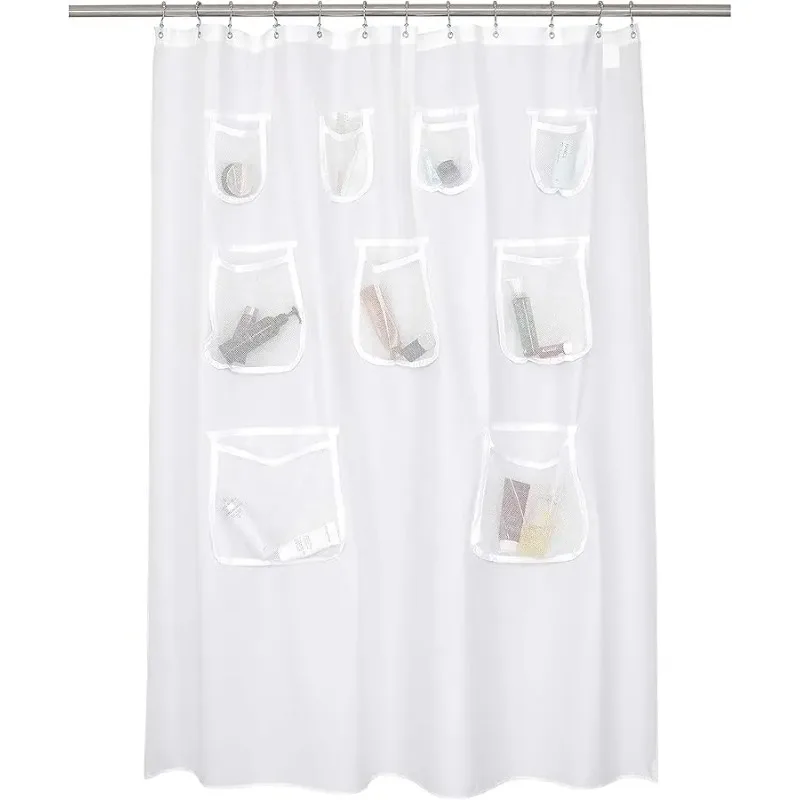 

Water Repellent Fabric Shower Curtain or Liner with 9 Mesh Pockets - White, 71x72 Inches