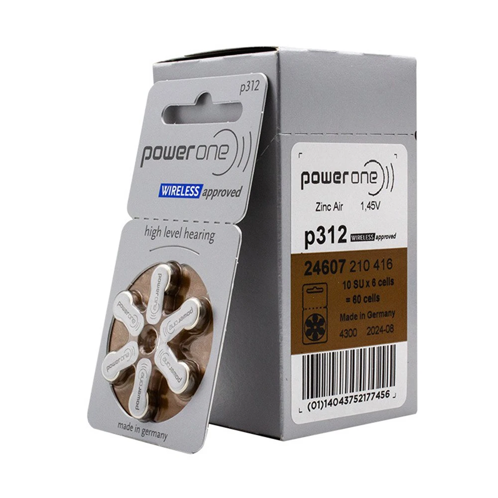 PowerOne P312  60 PCS Performance Hearing Aid Batteries 1.45V 312 312P P312 PR41 Zinc Air Battery For BTE CIC RIC OE Hearing Aid