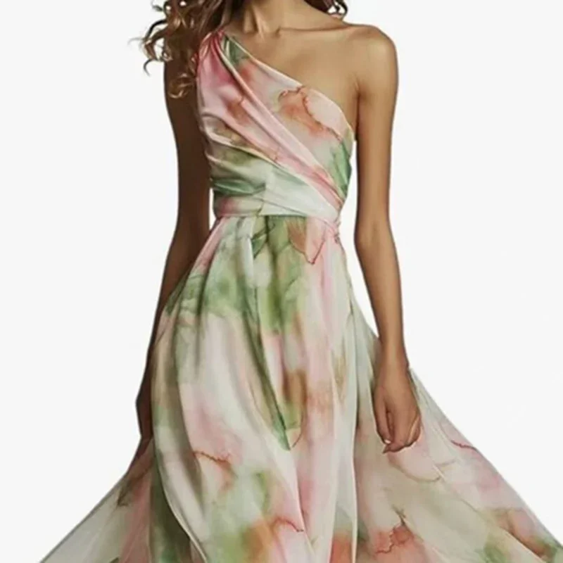 Abito da donna sexy elegante con spalle scoperte colletto inclinato tie dye abito da festa 2025 moda estiva stampato scava fuori abito attillato senza schienale